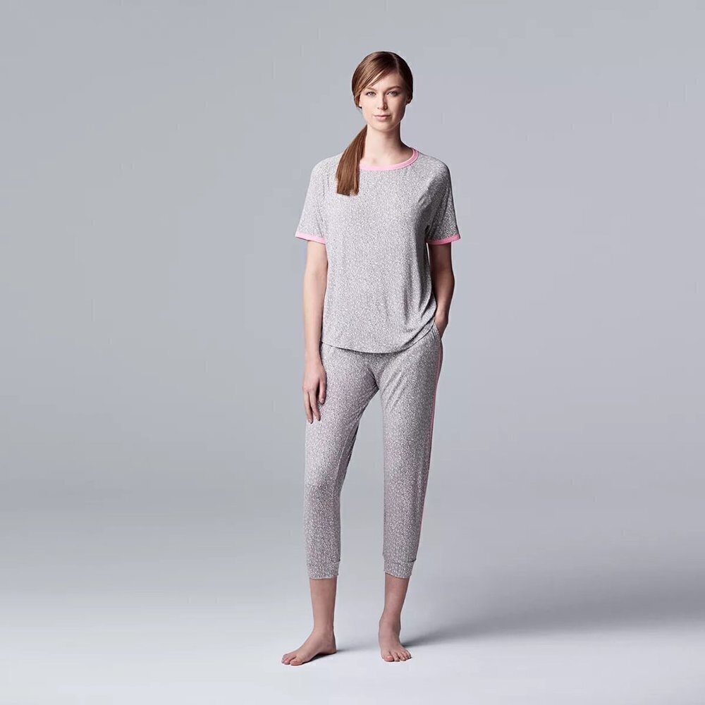 Simply Vera Wang Womens Gray Pink Short Sleeve Pockets Crop Pajama Sets Sz M New - Picture 10 of 12
